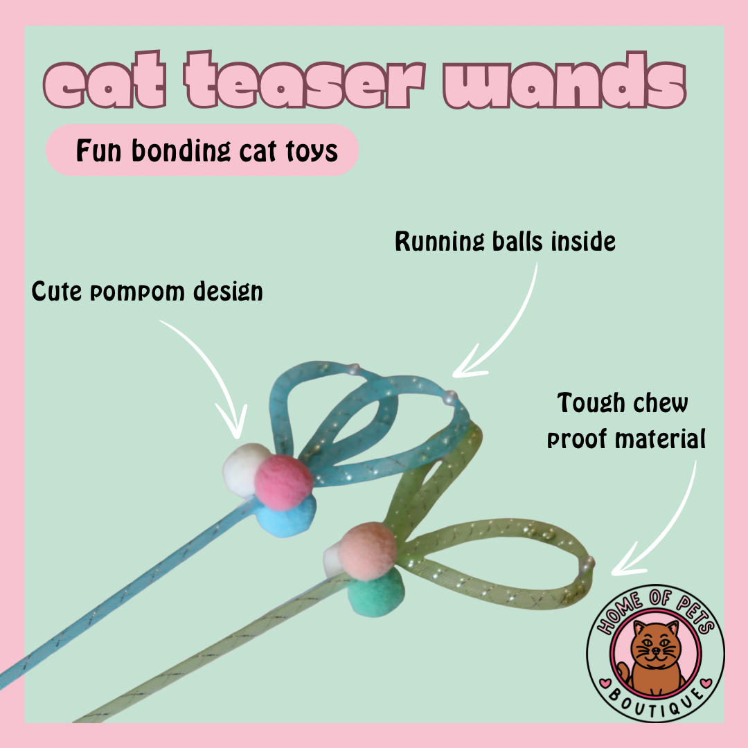 2 x Cat Teaser Wands - Kitten Game / Gift - Pompom Design