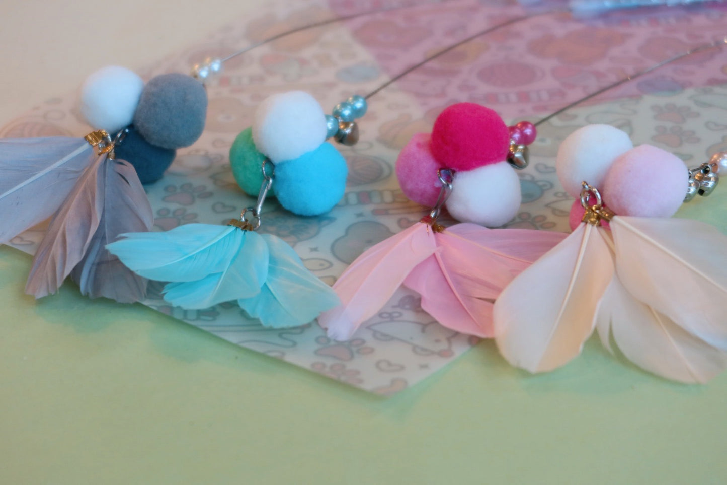 Cat Teaser Pompom Wand with Feathers